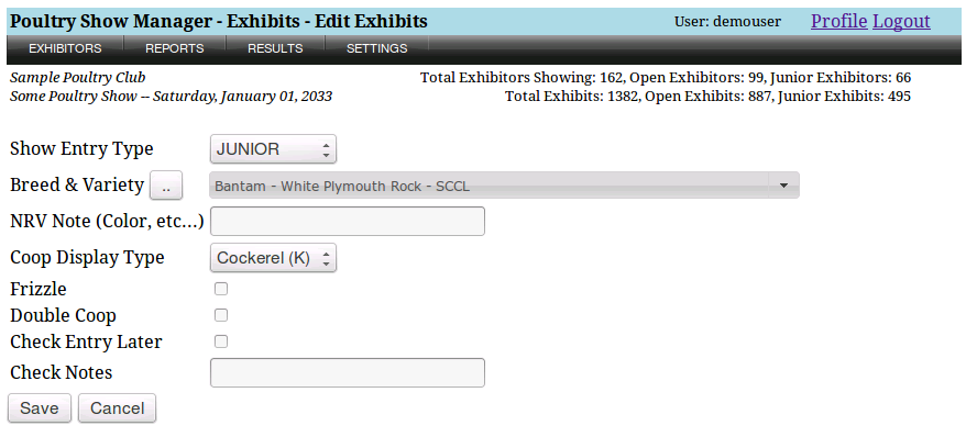 poultry show add exhibits screen shot